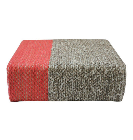 Ira - Handmade Wool Braided Square Pouf | Natural/Living Coral | 90x90x30cm - GFURN