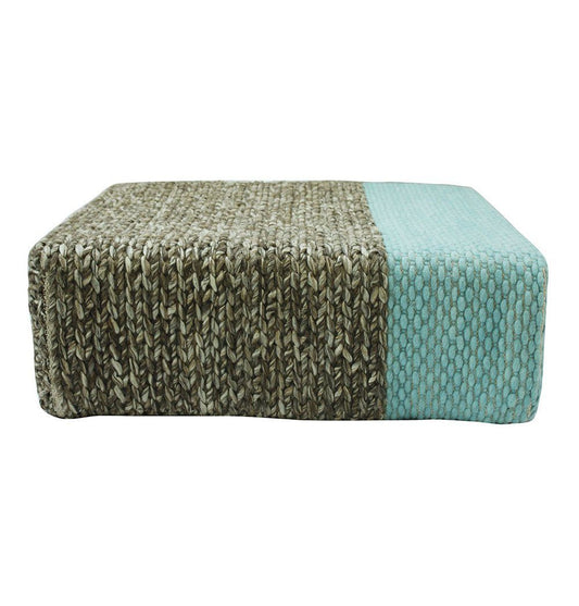 Ira - Handmade Wool Braided Square Pouf | Natural/Pastel Turquoise | 90x90x30cm - GFURN